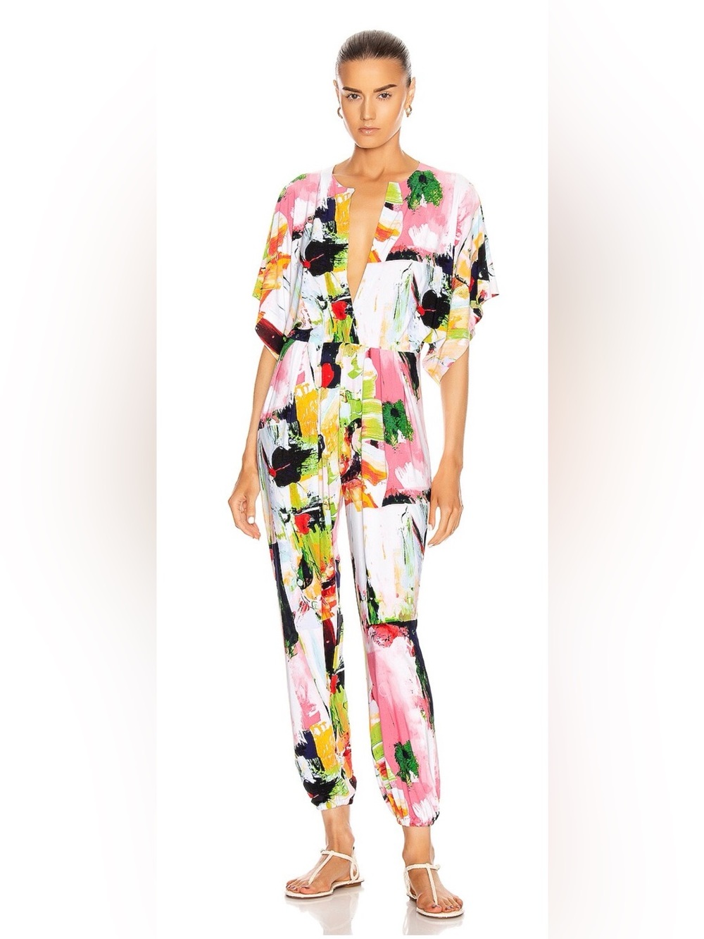 Norma Kamali Rectangle Jog Jumpsuit in Watermelon Splash Size Large